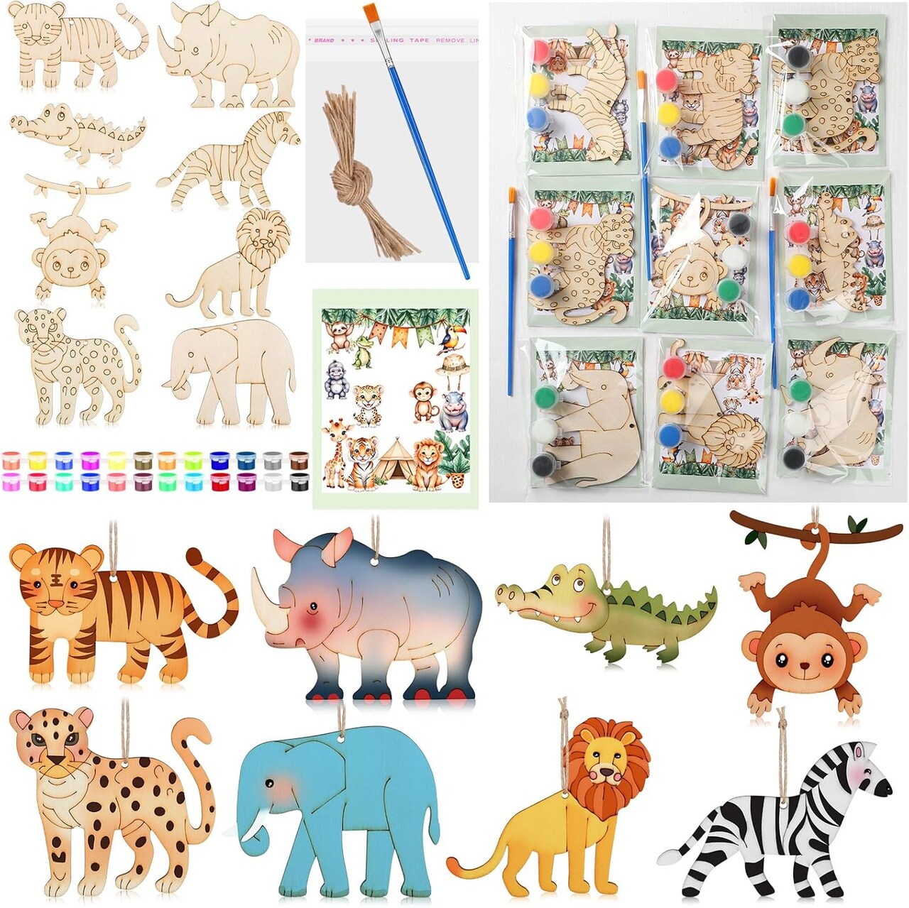 24-Pack Safari Party Favor Jungle Craft Kits – DIY Wooden Animal Painting & Coloring Crafts for Wild Animal Birthday Goodie Bags, Gifts, and Prizes
